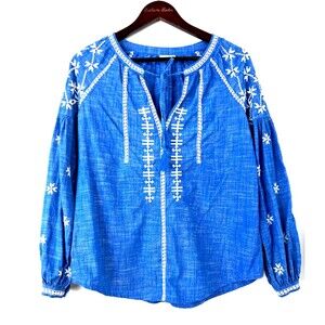 Gap Womens Royal Blue White Embroidered Boho Cotton Tasseled Blouse Sz S 1315E3